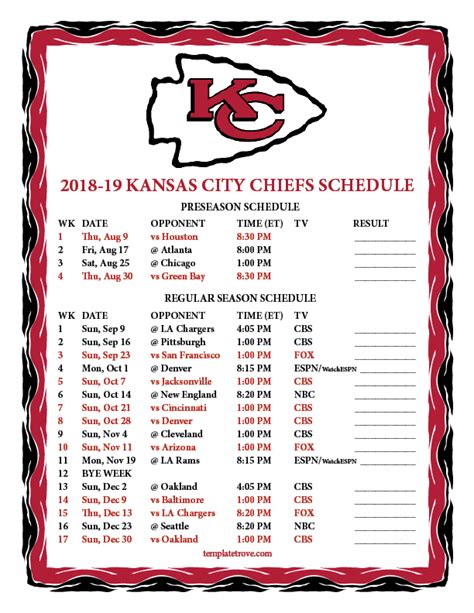 Kansas City Chiefs Printable Schedule