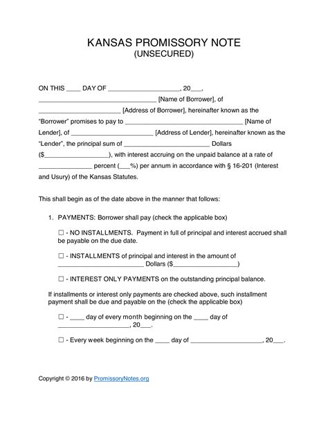 Kansas Unsecured Promissory Note Template Promissory Notes