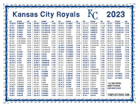 Aug 24, 2022 · KANSAS CITY, MO.—In conjunction with Major League Baseball, the Kansas City Royals today announced their 2023 regular season schedule. All games times will be announced at a later date. Opening Day is scheduled for Thursday, March 30 at Kauffman Stadium vs. the Minnesota Twins. This will mark the seventh time. . 