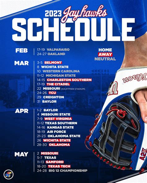 Kansas baseball schedule. Feb 17, 2023 · The official 2023 Baseball schedule for the TCU Frogs. ... Hide/Show Additional Information For Kansas - March 24, 2023 Mar 25 (Sat) 2 p.m. Big 12 Now on ... 