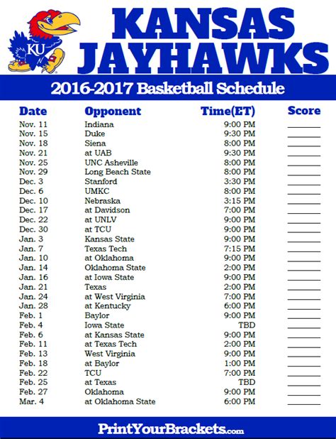 Kansas basketball preseason schedule. ESPN has the full 2023-24 Kansas Jayhawks Regular Season NCAAM schedule. Includes game times, TV listings and ticket information for all Jayhawks games. ... Duke men's basketball coach Jon Scheyer ... 