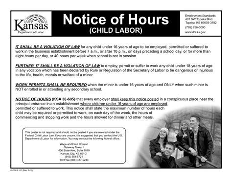 Kansas child labor laws. What are Kansas Child Labor Laws? In Kansas, regulations on child labor are in place to ensure the safety of minors from physical, moral, and emotional harm. For any employer seeking to hire a minor under the age of 16, a work permit must be obtained prior to employment. However, if the minor is enrolled in a secondary school in the state, the ... 