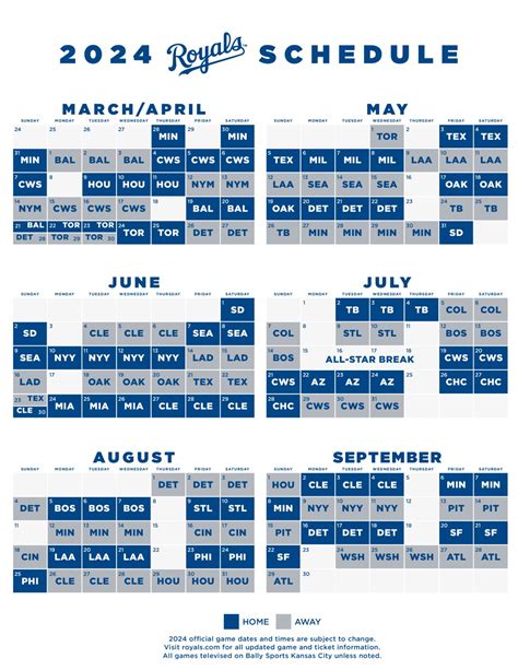 Kansas city baseball schedule. Jul 13, 2023 · MLB officially unveiled its full 2024 regular-season schedule on Thursday, one day after announcing its slate of international games, as part of the MLB World Tour.After the Rays and Red Sox meet in the Dominican Republic Series during Spring Training (March 9-10), the Seoul Series (March 20-21) will kick off the 2024 season with the Dodgers and Padres playing MLB’s first games in Korea. 
