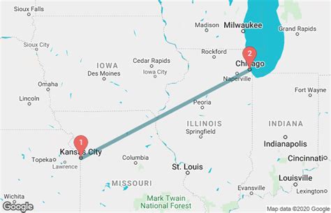 Top cities between Chicago and Kansas City. The top cities between Chicago and Kansas City are Des Moines, Lake Geneva, Rock Island, Rockford, and Saint Joseph. Des Moines is the most popular city on the route. It's 5 hours from Chicago and 3 hours from Kansas City.
