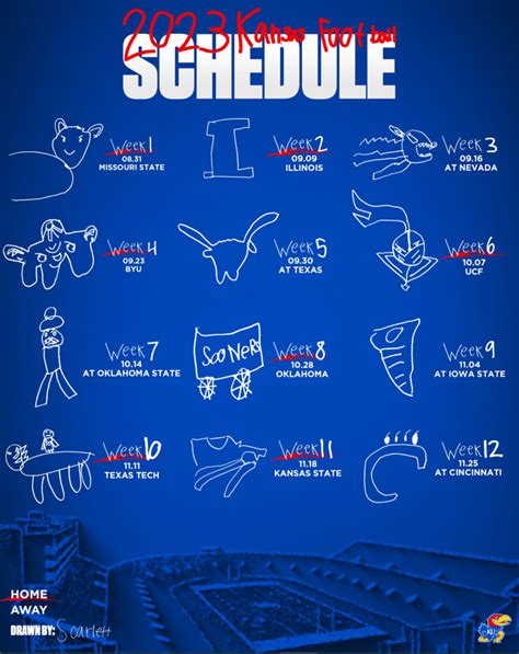 Kansas football 2023 schedule. LAWRENCE — Kansas football 's 2023 regular season schedule has been finalized now that the Jayhawks' Big 12 Conference slate was released Tuesday. Fans already knew Kansas would face ... 