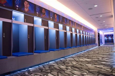Lockers can range in size from 24 by 24 inches for most sports to up to 33 by 33 inches for football or lacrosse. Each locker should have a space for the athlete’s helmet, jersey and equipment to maintain an organized, consistent look across the locker room. To charge up phones and laptops during practice, USB access within each locker is ideal.. 