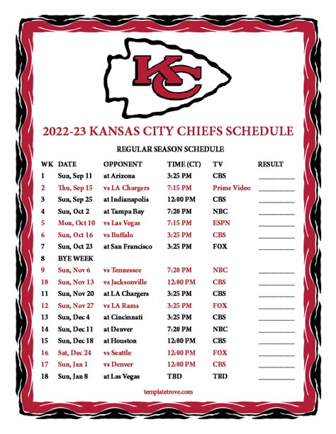 Aug 26, 2015 · ESPN has the full 2023 Kansas City Chiefs Regular Season NFL schedule. Includes game times, TV listings and ticket information for all Chiefs games. . 