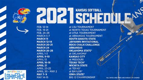 Kansas softball schedule. Full Schedule. KANSAS CITY, Mo. - Kansas City Softball, in its first season under the guidance of Head Coach Kiki Stokes O'Connor, has officially released its … 