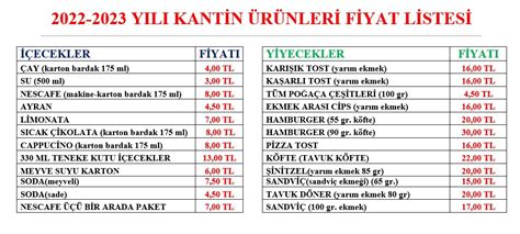 Kantin fiyat listesi Mu.