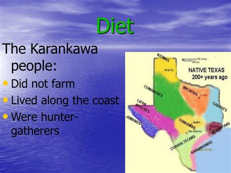 Karankawa diet. The Karankawa tribe was a southwest Indian tribe that lived in modern-day Southern Texas at the time of the Spanish Conquistadors arriving in the New World. It is unknown how they arrived at this location. Some theories suggest that they came to the area through short bursts of migration. This theory is based on the similar features they shared ... 