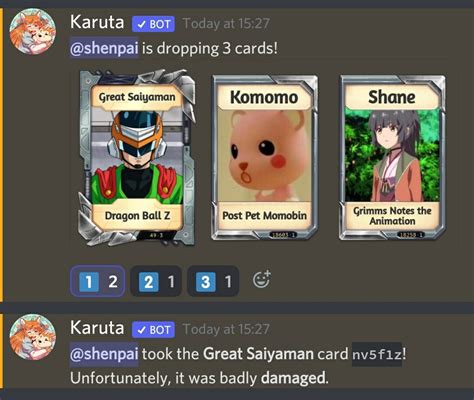 Karuta bot commands. Karuta Frame Previewer. Preview and test all 313 frames for the Karuta Discord bot, on any character. Follow the instructions below, join the support server, or add the bot to your server . Name Lookup works primarily with popular series and uniquely named characters - just enter your character's name. For guaranteed results, use URL Lookup or ... 