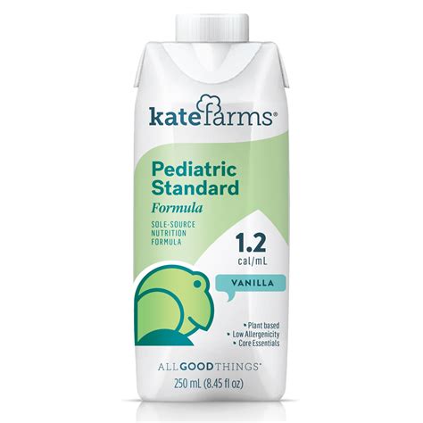 Kate farm. Kate Farms pediatric products provide both micronutrients and macronutrients in amounts which support kiddos ages 1-13, while our adult products provide both micronutrients and macronutrients in amounts which supports age 14+. Additionally, our pediatric products are packaged in 8.45 oz cartons, while our adult products are packaged in 11oz ... 