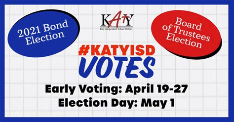 Katy school board election. This year, voters have the opportunity to elect two Katy ISD Board of Trustees for Positions 6 and 7. Early voting will be conducted each weekday from 7:00 a.m. to 7:00 p.m. beginning Monday, April 22, 2024 and ending on Tuesday, April 30, 2024. A special Saturday early voting will be held on Saturday, April 27, 2024. Election Day is … 