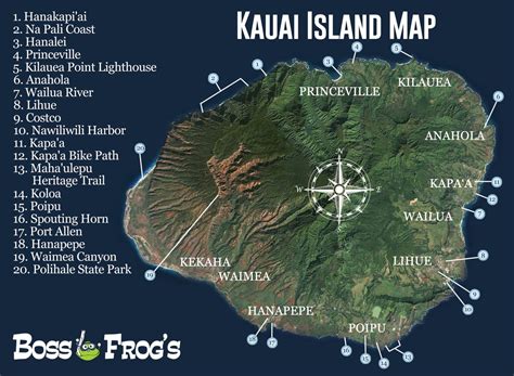 Kauai island map. Kauai's map shows an island 33 miles long and roughly 25 miles wide, encompassing 554 square miles in diameter. Kauai's 90 miles of shoreline has more beaches per mile than any others in the Hawaiian chain. Kauai's interior is very mountainous with steep canyons and towering peaks. Mount Kawaikini (5,243 feet) and Mount Waialeale (5148 feet ... 