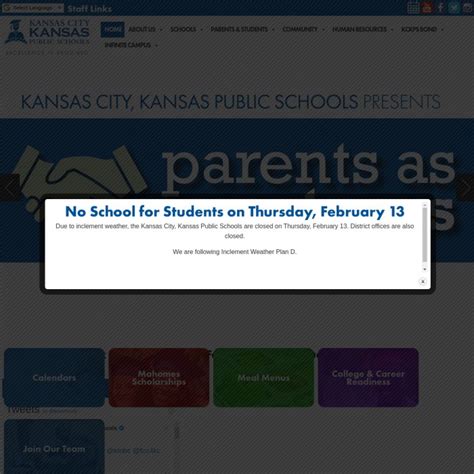 Kansas City Kansas Public Schools is a public school district located in KANSAS CITY, KS. It has 21,593 students in grades PK, K-12 with a student-teacher ratio of 14 to 1. According to state test scores, 8% of students are at least proficient in math and 15% in reading. kckschools.org. (913) 551-3200.. 