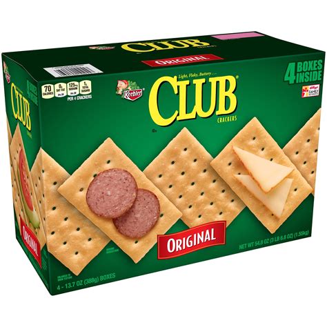 Keebler club crackers. These sandwich crackers are packaged into individual serving sizes, making them a convenient addition to any packed lunch or standalone snack; Keebler Club and Cheddar sandwich crackers are great for game time, party spreads, after-school treats, taking a break during a busy day, late-night snacking and more, the cheesy options are endless. 