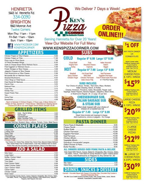 $10 for $20 Worth of Pizza and Drinks at Ken's Pizza Corner in West Henrietta. 4.7. 65 Groupon Ratings. 4.7. Average of 65 ratings. 92%. 8%. Select Option. $20 Groupon to Ken's Pizza Corner. $20. Not yet available. See similar deals. Share This Deal. Highlights. ... Coupons. Gifts for Occasions. Follow Us.. 