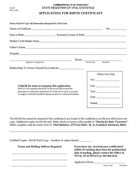 Kentucky Birth Certificate Application PDF Form Fill Out and Sign