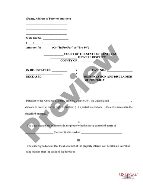 Kentucky Renunciation and Disclaimer of Property from Will by Testate