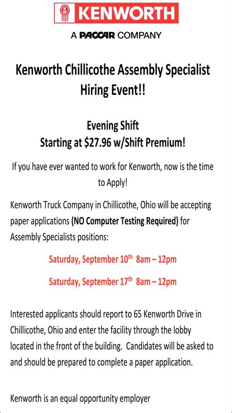 Kenworth Truck Company: ... Chillicothe, OH, US, 45601-8829 Manufacturing & Distribution: May 20, 2024 ... Always be on the lookout for job scams. PACCAR will never .... 