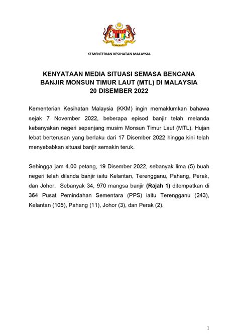 Kenyataan Media KPK 20 Disember 2024 – Situasi Semasa Bencana Banjir ...