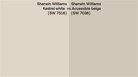 Sherwin Williams Dover White vs. Accessible Beige (SW 7036) Accessible Beige is in the beige paint color category, making it a warm paint color like Dover White. However, with an LRV of just 58%, it falls far below the off-white range—it reflects 24% less light than Dover White.