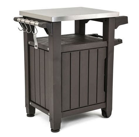 Description. Made of durable resin and a stainless-steel top, the Unity XL Outdoor Kitchen Cart is the ideal spot for outdoor kitchen prep that is easy to clean. It also has wheels on the bottom so it can be wheeled to the ….