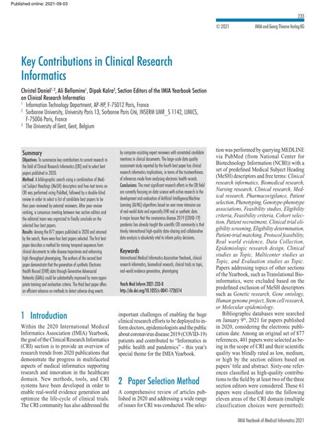 Key Contributions in Clinical Research Informatics - Thieme