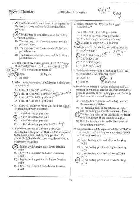 Key Regents Chemistry Answer