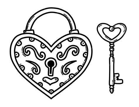 Key and Heart Shape Lock. Vector iron Padlock in vintage sketch style