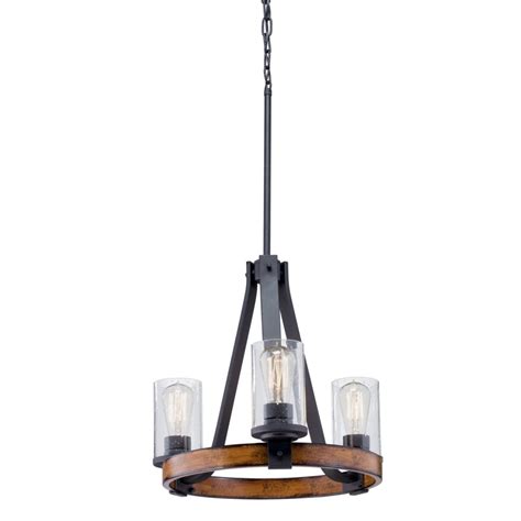 Kichler barrington 3 light chandelier. Distressed black and wood tone finish chandelier from the Barrington collection offers a touch of rustic elegance. Clear seeded glass shades complement the simple, yet striking black and wood combination. Fixture dimensions: 24-in W x 24-in D x 19-in H. Five 60-watt vintage-style starter bulbs included. Chain and down rods adjust up to 36-in. 