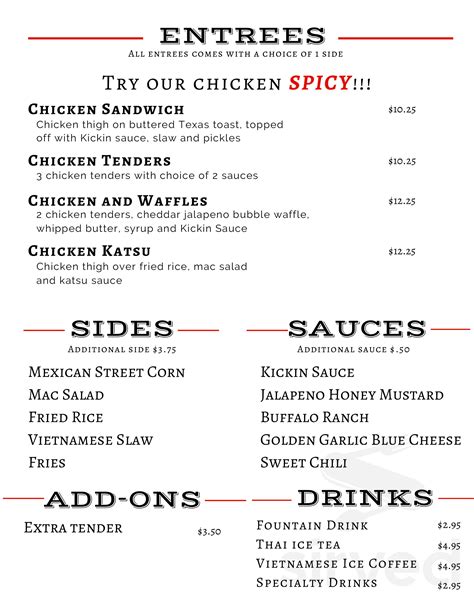 Bar Menu - Kickin' Chicken Sports Bar | Best Chicken Wings in Charleston. All of us here at The Kickin’ Chicken hope that your visit is a pleasurable one. Please notify us if there is anything that we can do to make your experience more enjoyable. Thank you! A service charge of 3.5% will be added to all Guest checks. Everyone from Charleston .... 