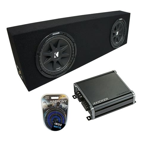 Product highlights: ported truck-style enclosure with one 10" Comp subwoofer. side-firing slot port. 3/4" medium density fiberboard construction covered with black and gray carpet. 4-ohm total impedance. power handling: 50-150 watts RMS (300 watts peak power) frequency response: 30-500 Hz. sensitivity: 94 dB.. Kicker comp c10