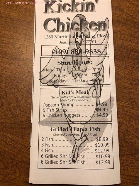 View online menu of Kickin Chicken in Lakewood, users favorite dishes, ... Compare the best restaurants near Kickin Chicken. TA. Kickin Chicken: 70: 3: Mad Mac's: 79: .... 