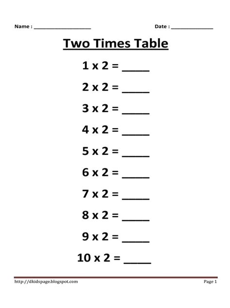 Kids Page 2 Times Multiplication Table Worksheet