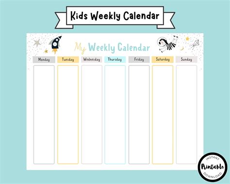 Kids Weekly Planner Schedule Chart Printable Kids Weekly Etsy