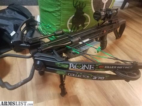 Killer instinct 370 bone collector crossbow with cocking device, 7 arrows, 5 rage broadheads, and quiver. Used but in good shape. Comes with everything you need to start hunting with it.
