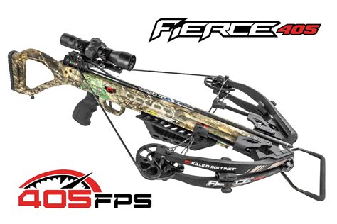 The Killer Instinct Fierce 405 Crossbow Kit comes complete with the Pro Package. The crossbow kit includes a lighted 4x32 Lumix scope, three premium crossbolts, 5-arrow quiver, rope cocker and rail lube. The Fierce 405 produces real world speeds of 405 fps and 135 ft-lb of kinetic energy, plenty of power for any hunting or outdoor recreational use.. 
