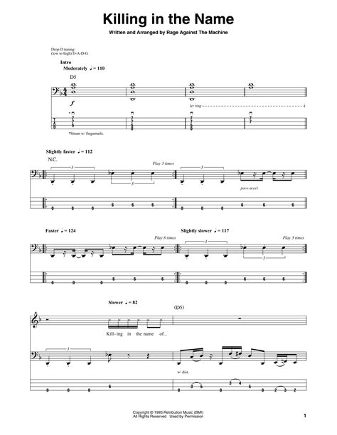 Tuning: Drop D (DADG)Bass Tabs "Killing In The Name" by Rage Against The Machine (Tim Commerford)Play along Tabs with official TracksTabs from: www.songsterr....
