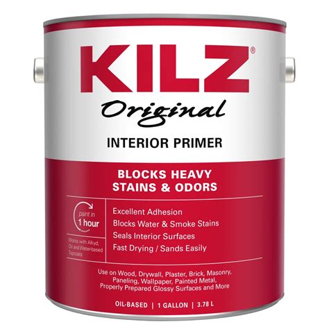 Kilz primer at lowes. KILZ Original Low VOC Interior Multi-purpose Oil-based Wall and Ceiling Primer (5-Gallon) Kilz Original primer is a powerful stain blocking formula that blocks most severe stains including water, smoke, tannin, ink, pencil, felt marker, grease and also seals pet, food and smoke odors. Original may be top coated with latex or oil-based paint. 