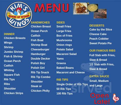 Jan 13, 2024 · On this website, you can find the complete menu of Kim's Wings from Euclid. Currently, there are 1 courses and drinks up for grabs. For changing offers, please contact the owner of the restaurant directly. You can also contact them through their website. . 