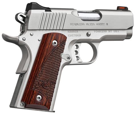 The Ultra Carry II (Two-Tone) is a hallmark of Kimber quality, complete with a brushed-polished carbon slide, aluminum frame and smooth/checkered rosewood grips. Kimber builds the world's finest 1911 pistols right here in America—something that makes sense, as few things are as American as a 1911 .45 ACP. Virtually every critical component of ...