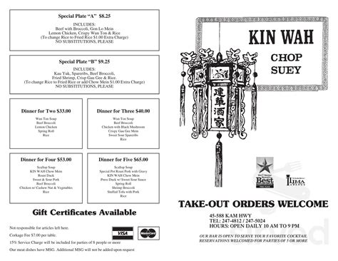 Kin Wah Restaurant menu; Kin Wah Restaurant Menu. Add to wishlist. Add to compare. View menu on the restaurant's website Upload menu. Menu added by users March 28, 2023 Menu added by users November 06, 2022 Menu added by the restaurant owner.