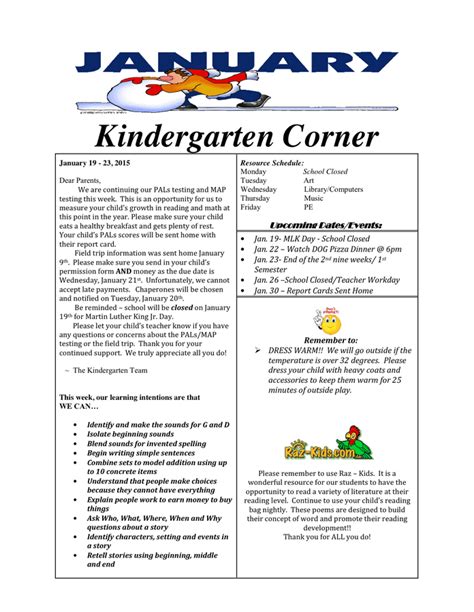 Kindergarten Newsletter Sample in Word and Pdf formats