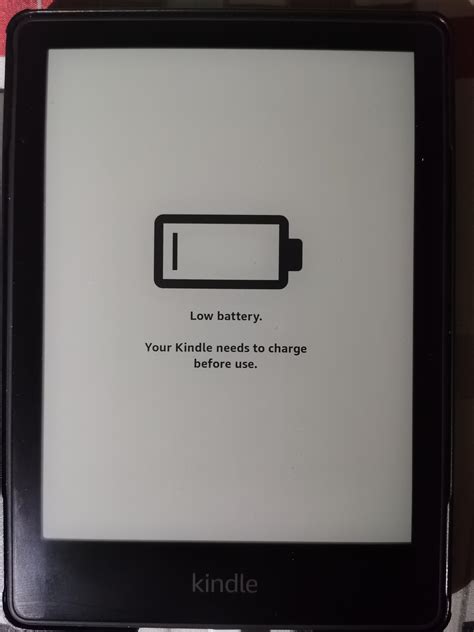 Kindle paperwhite stuck on low battery screen. You actually need to leave the device connected to a low amp power source like a computer's USB port for FFF to enter this charging state. It will bypass the low battery charge if you connect it to a wall charger. Turn off the KF, connect it to your computer. It will try to turn on and go into charging mode. 
