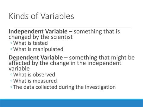 Kinds of Variables Independent Variable something that is changed by