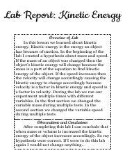 Kinetic energy lab report.  The virtual part of this lab should be conduc...