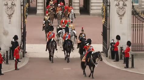 King Charles III rides on horseback in first official birthday parade