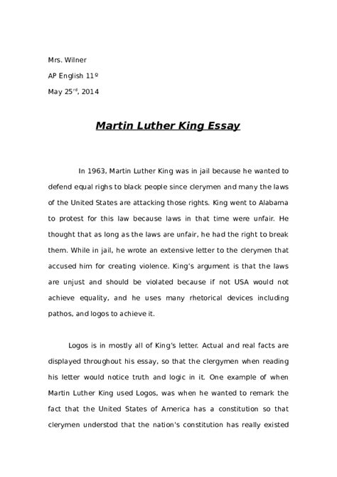 King essay. Martin Luther King stood for one main reason which was about all blacks being treated as equals. Even though slavery ended in the 19th century; many years later there were many people who still felt as if black people were not good enough to live among white people. Not only were they discriminated against but some would even get lynched for no ... 