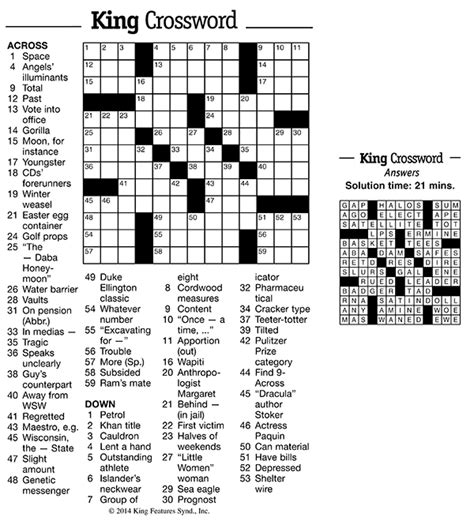 Publisher; Wall Street Journal Crossword Puzzle Answers: New York Times Crossword Puzzle Answers: LA Times Daily Crossword Puzzle Answers: Universal Crossword Puzzle Answers: USA Today Crossword Puzzle Answers: Thomas Joseph King Feature Syndicate Crossword Puzzle Answers: Thinkscom Crossword Puzzle …. 